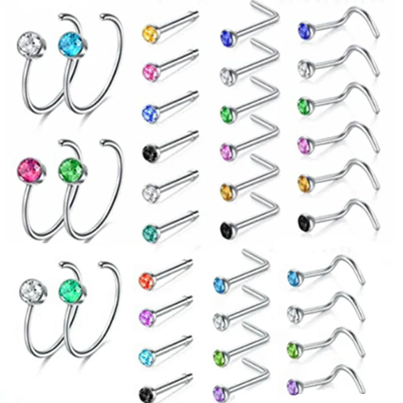 5/10/20PCS Stainless Steel L Shape Nose Stud Set 20G Crystal Nose Ring Hoop Set