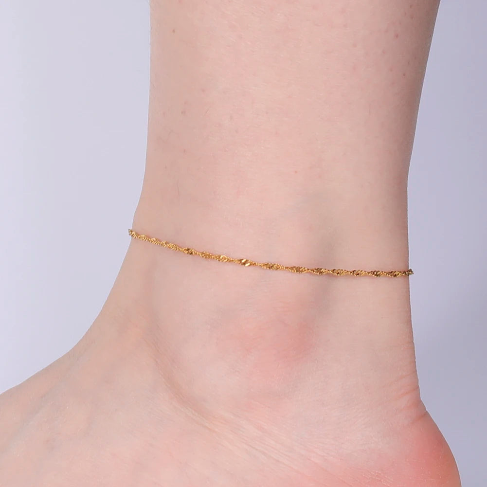 Twist Water Wave Leg Ankle Bracelet Stainless Steel Gold