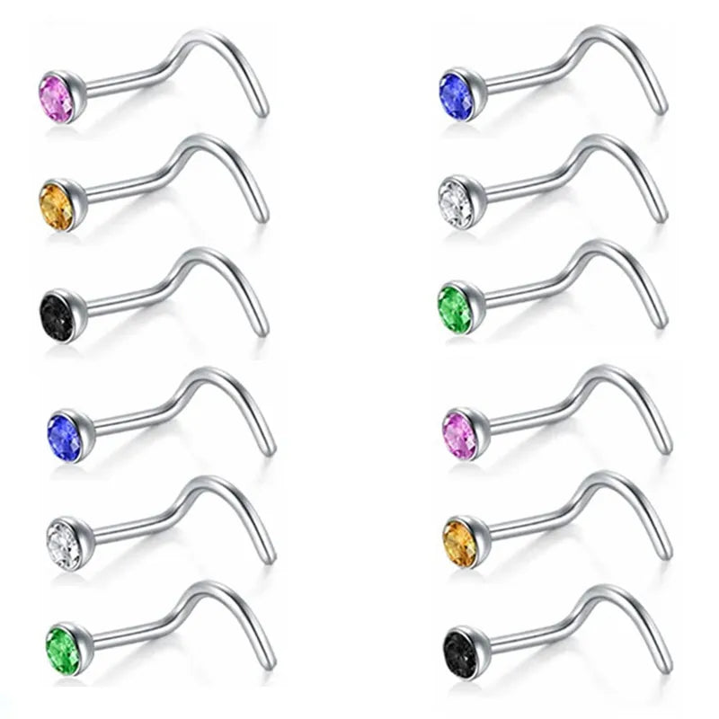 5/10/20PCS Stainless Steel L Shape Nose Stud Set 20G Crystal Nose Ring Hoop Set