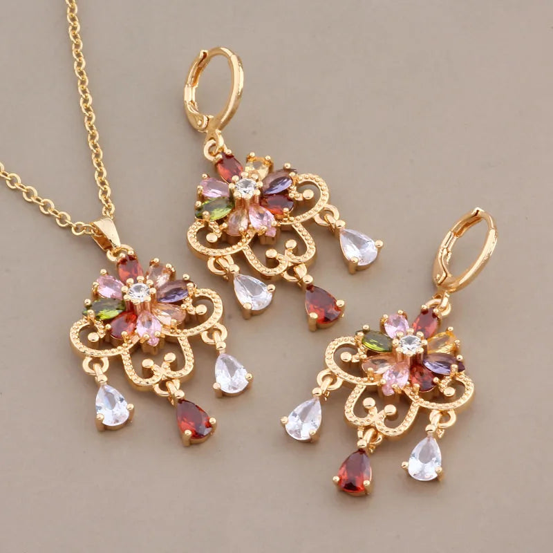 Quality Jewelry Sets Gold Colorful Natural Big Earrings Luxury Elegant Women's Set