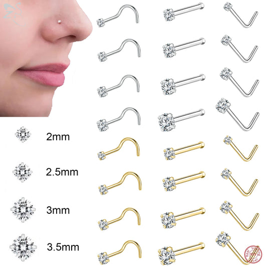 ZS 1PC 18/20G 925 Sterling Silver Nose Stud Gold Color Crystal Nose Piercings