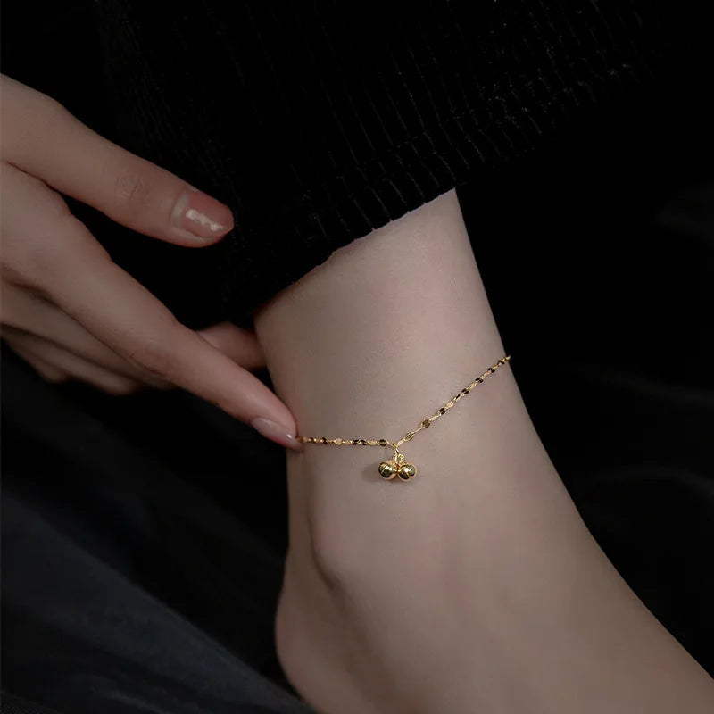 Real 925 Sterling Silver 18K Gold Bell Lip Chain Anklet Women