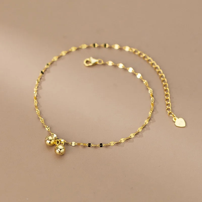 Real 925 Sterling Silver 18K Gold Bell Lip Chain Anklet Women