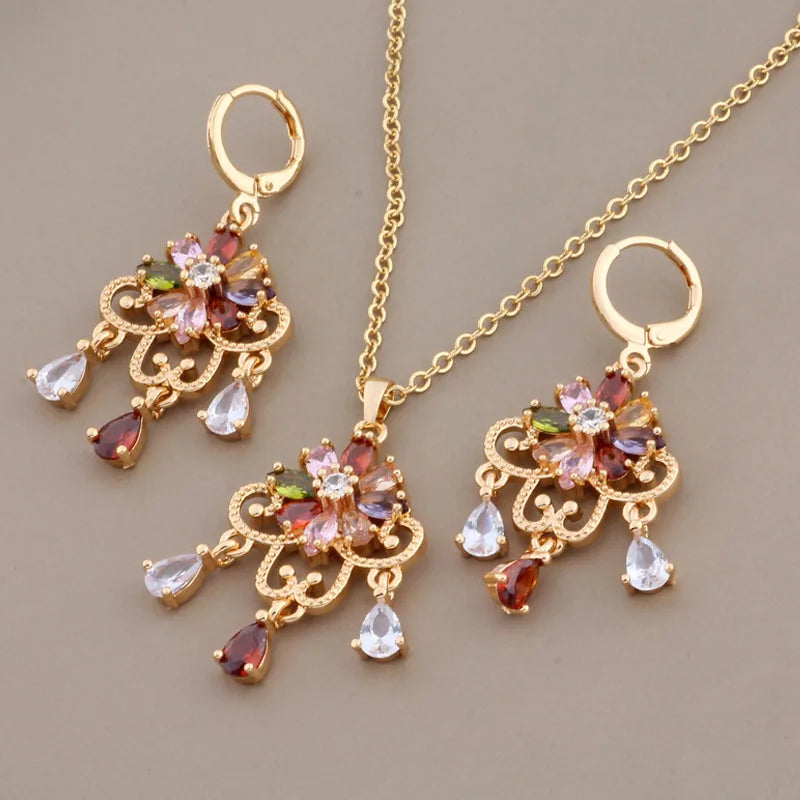 Quality Jewelry Sets Gold Colorful Natural Big Earrings Luxury Elegant Women's Set